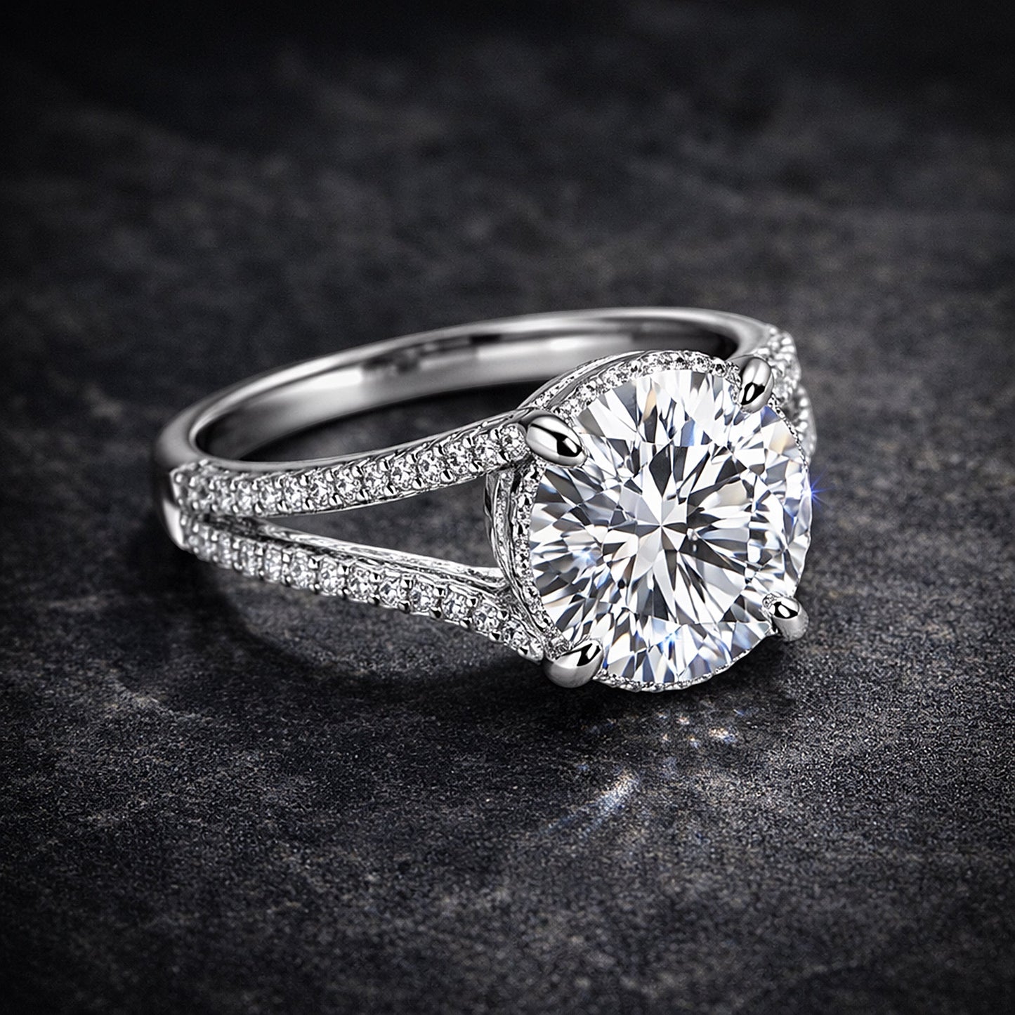 Round lab diamond solitaire with pavé shoulders on dark background, full fire