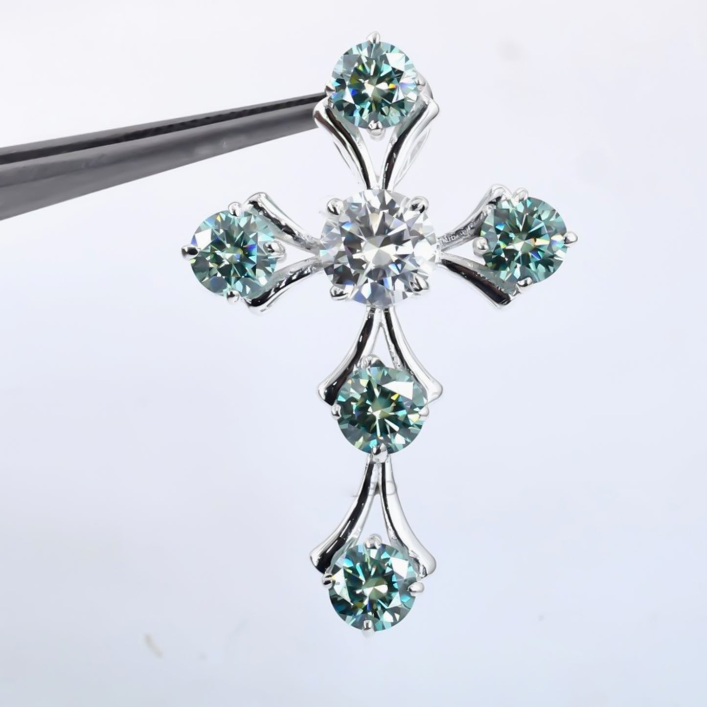 5.00 ct DEW Round Cut Blue & White Moissanite In Gold Vermeil Plus-Shape Necklace