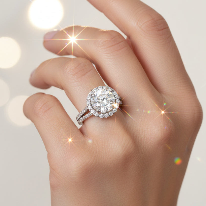 9.8 ct DEW White Moissanite Round Solitaire Ring - 18K Gold Vermeil on 925 Sterling Silver