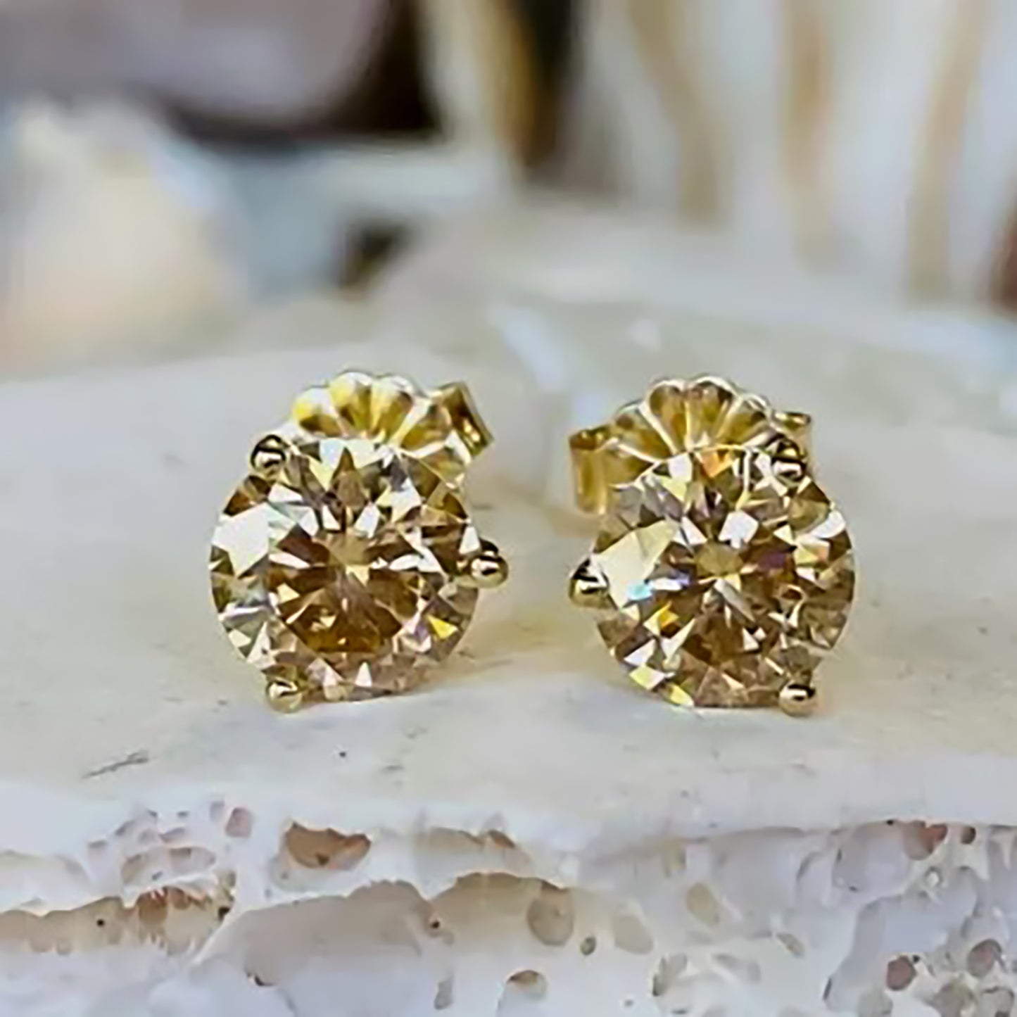 4 ct DEW Certified Champagne Moissanite Solitaire Studs In Gold Vermeil