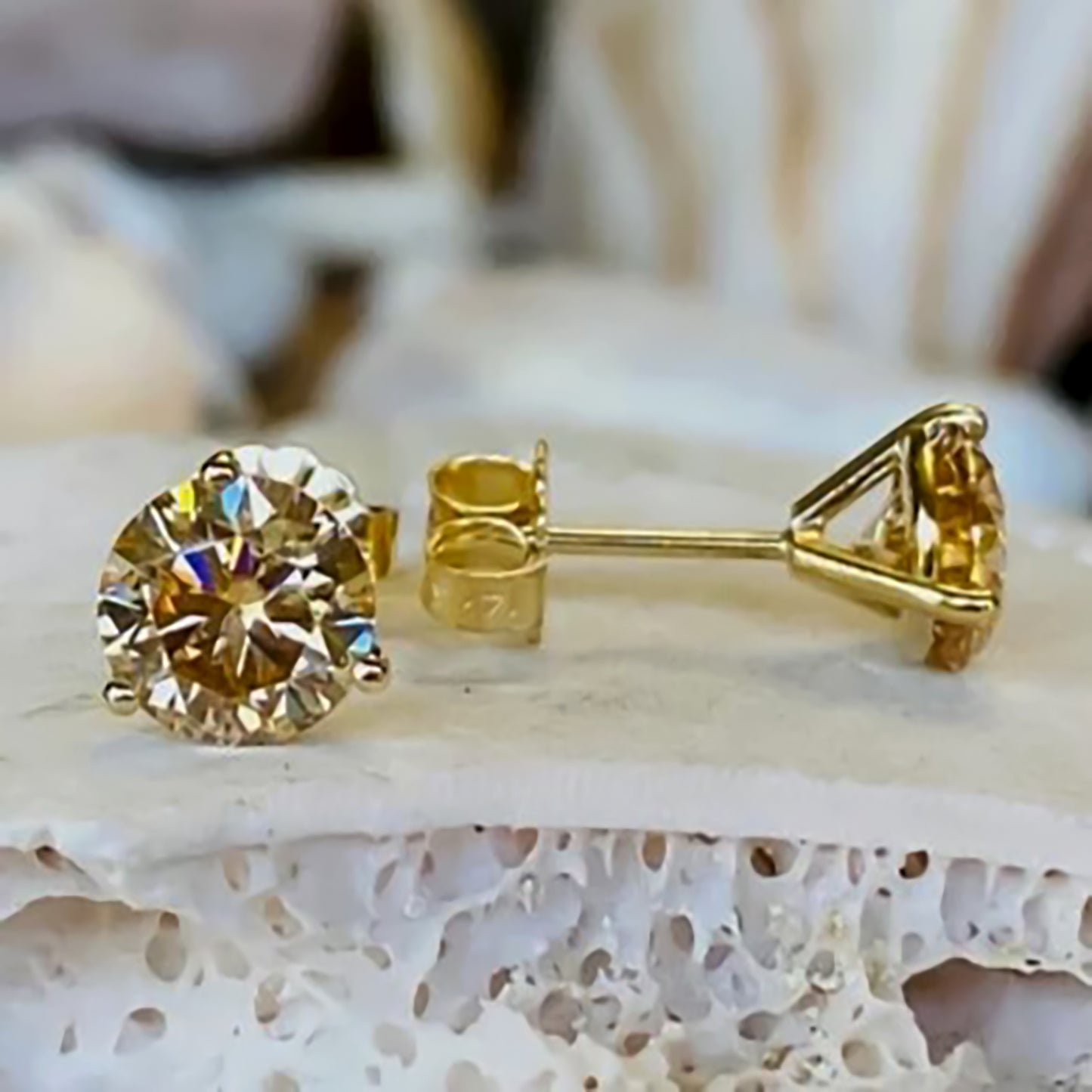 4 ct DEW Certified Champagne Moissanite Solitaire Studs In Gold Vermeil