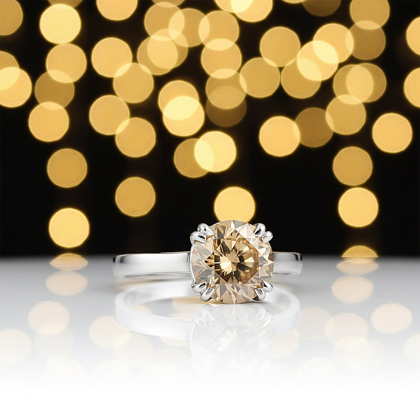 3.45 Ct Champagne Moissanite Round Solitaire Ring - 925 Sterling Silver Gold Vermeil