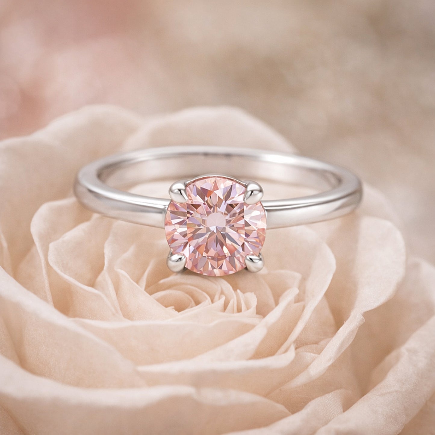 Certified 3 Ct Round Cut Pink Moissanite Solitaire Ring in Gold Plated Vermeil