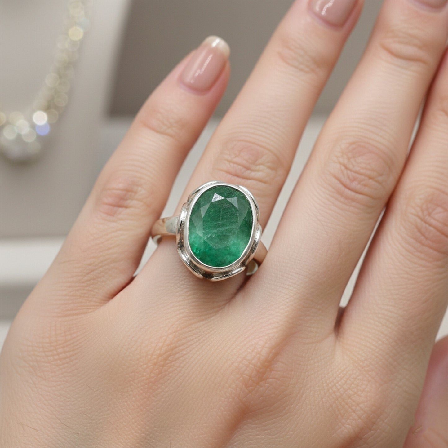 3.50 Ct. Green Emerald Ring Oval Cut 925 Sterling Silver Eternity Band Fine Gift