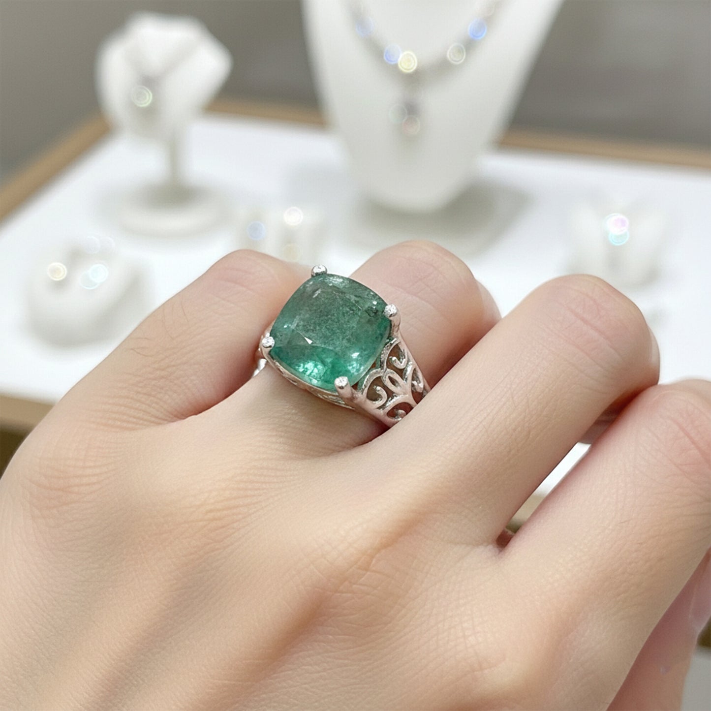 Emerald Cushion Solitaire Gemstone Ring 4.00 Ct. 925 Sterling Silver Women Gift