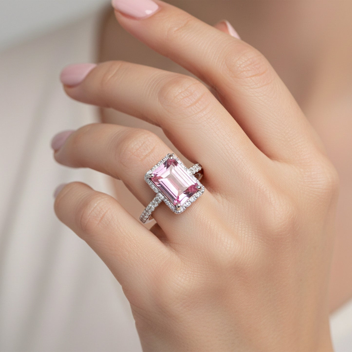 Pink Kunzite Emerald Cut Solitaire Ring 3.66 Ct. 925 Sterling Silver Gift for He