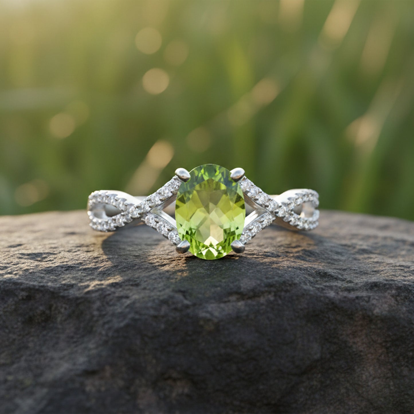 3.00 Ct. Green Amethyst Ring Oval Cut 925 Sterling Silver Eternity Band Fine Gif