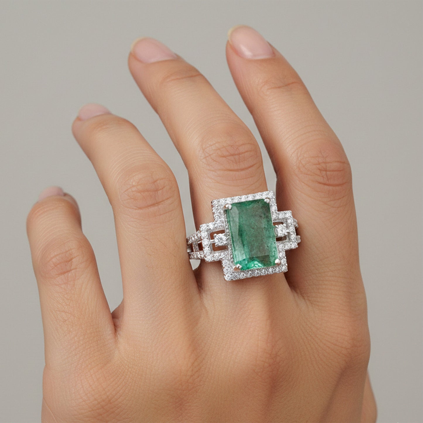 925 Sterling Silver Emerald Cut Green Emerald Ring 4.20 Ct for Wedding