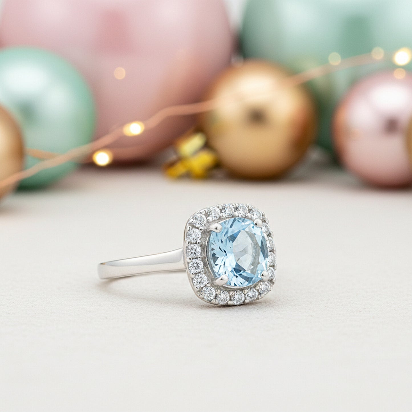 Round Blue Aquamarine Gift for Her Ring in 925 Sterling Silver Designer Look