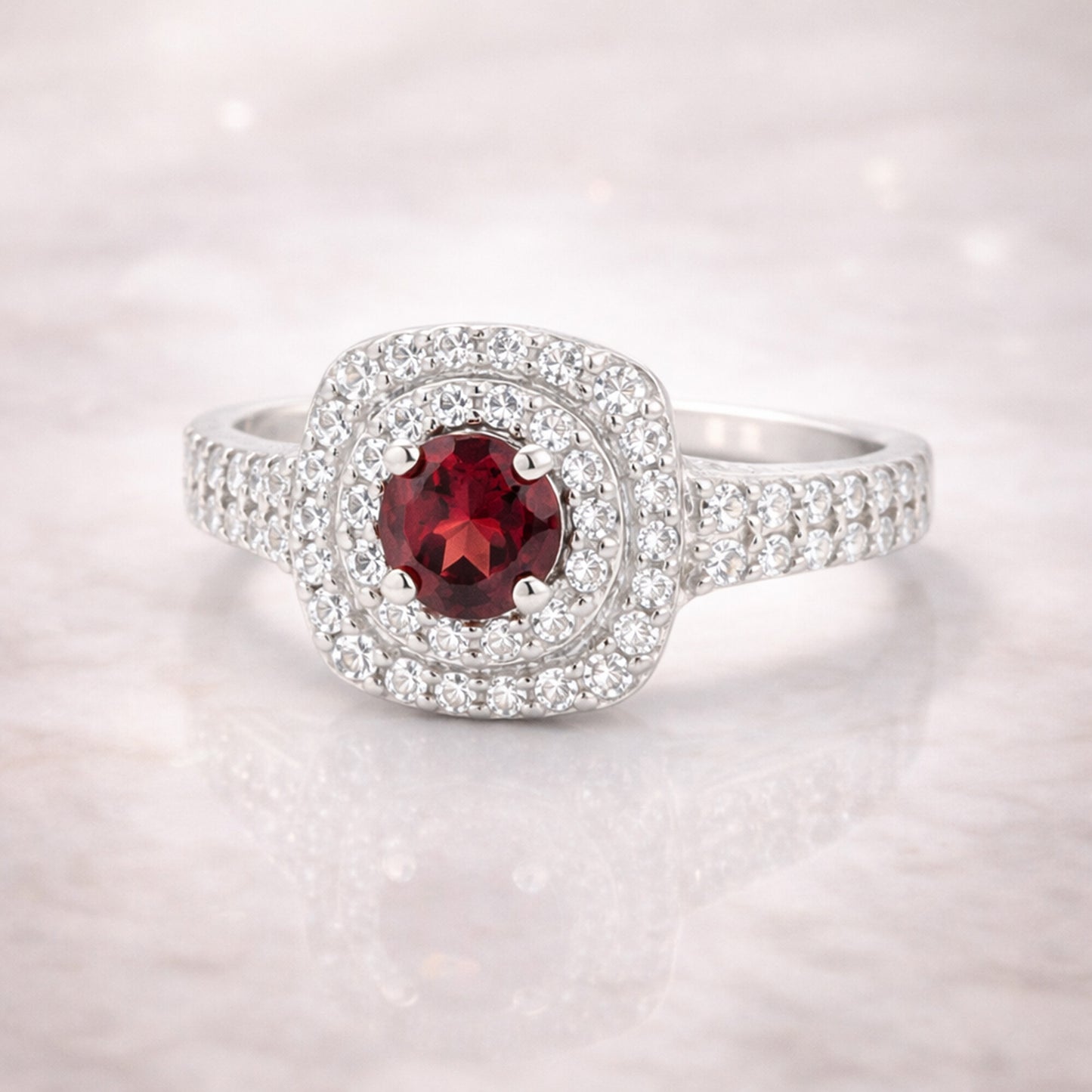Anniversary Red Garnet Ring Round Cut in 925 Sterling Silver for Women