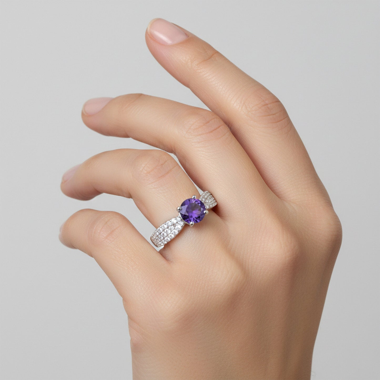 Statement Round Purple Amethyst Ring in 925 Sterling Silver for Women Boho Style