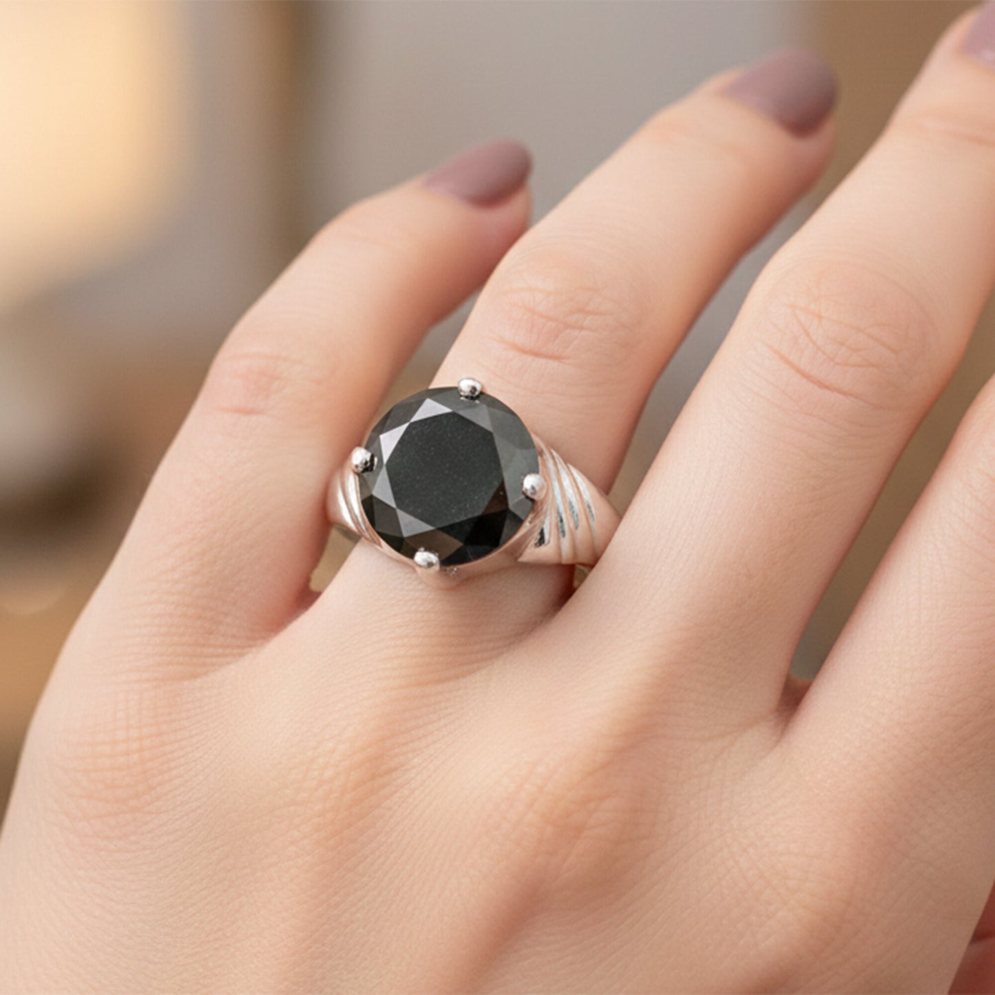Black Moissanite Round Ring Set in 925 Sterling Silver for Her Classic Design