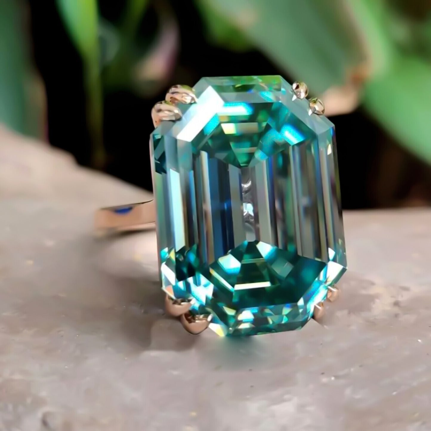 17.60 Ct Blue Emerald Cut Moissanite Ring Bold Statement Gift Ring 18K Gold Plated 18K Gold Plated