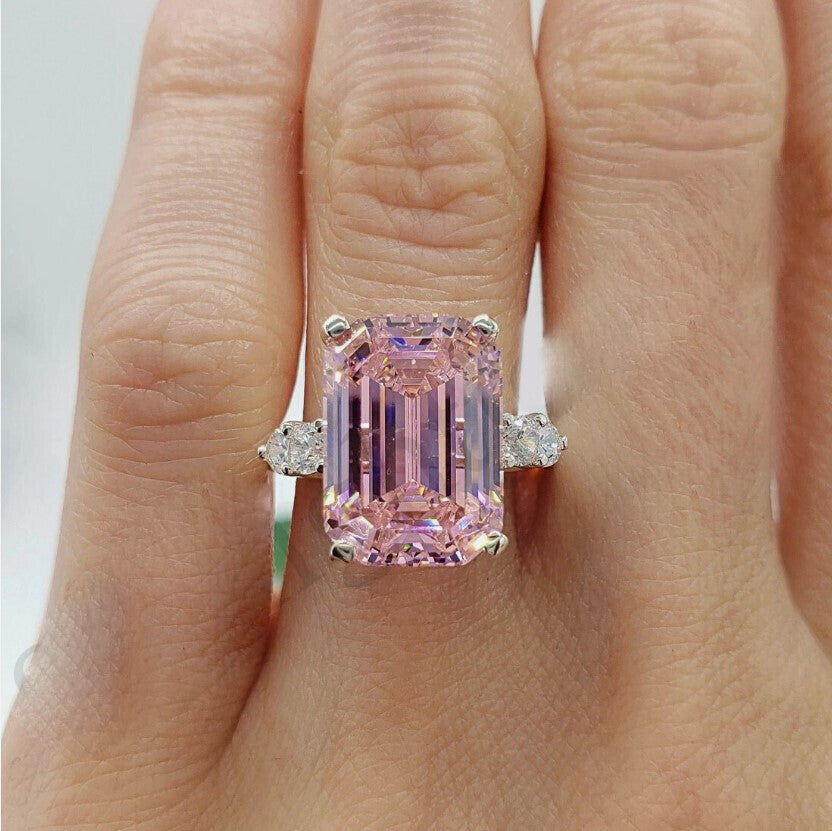 4.70 Ct Pink Moissanite Emerald Cut Ring – Wedding Gift for Her 18K Gold Plated Ver 18K Gold Plated