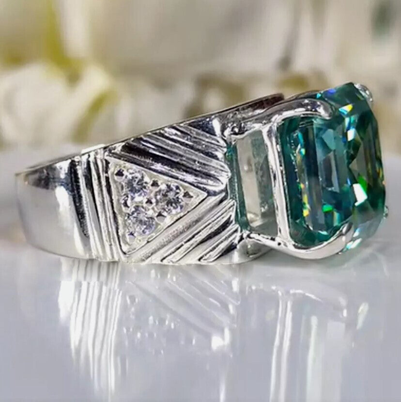 11.55 Ct Certified Blue Moissanite Asscher Cut Ring – Rare Christmas Gift in Silver 18K Gold Plated