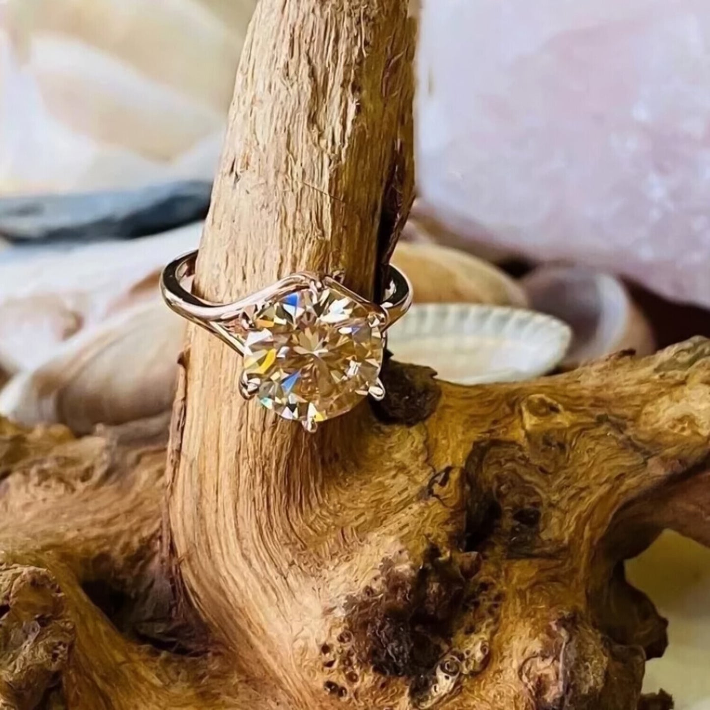 RARE 6.50 Ct Champagne Round Cut Moissanite Solitaire Ring in Cert 18K Gold Plated 18K Gold Plated