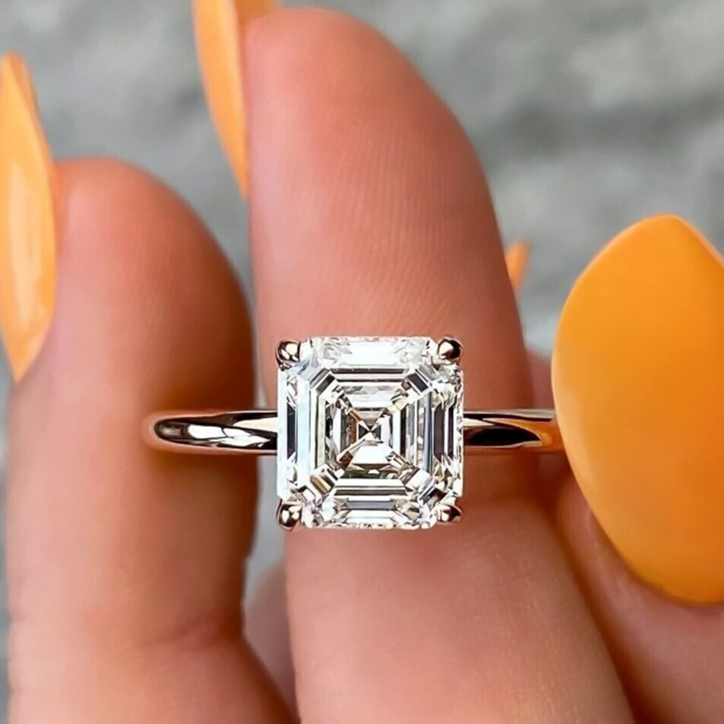 2.80 Ct Asscher Cut White Treated Moissanite Solitaire Ring in Cert 18K Gold Plated
