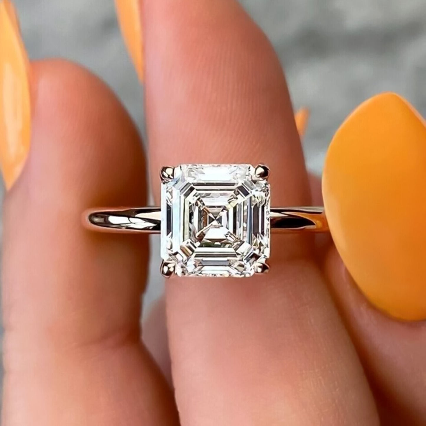 2.80 Ct Asscher Cut White Treated Moissanite Solitaire Ring in Cert 18K Gold Plated