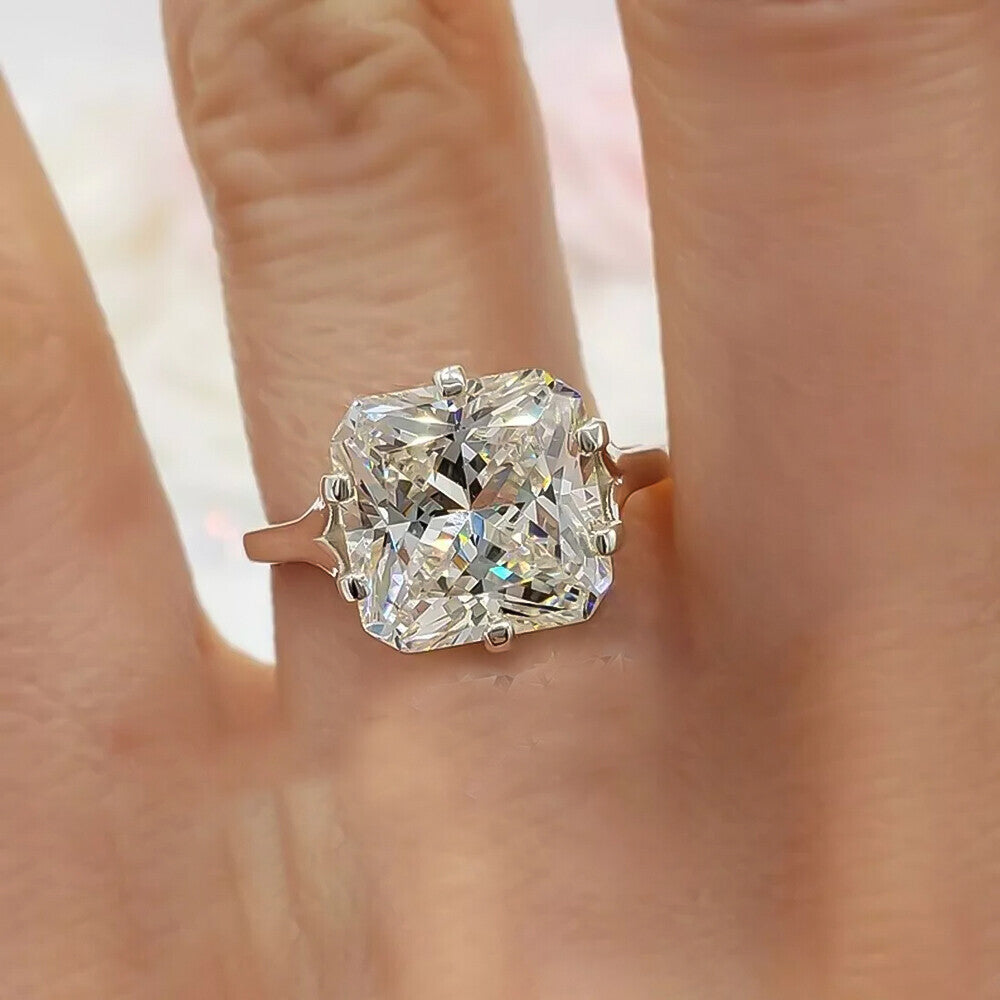 RARE 24.30 Ct Radiant Cut Off White Treated Moissanite Ring in Cert 18K Gold Plated