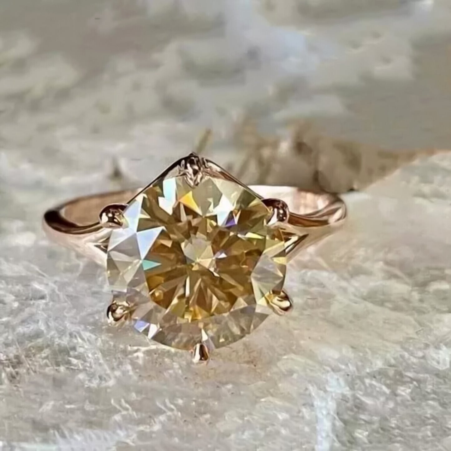 RARE 6.50 Ct Champagne Round Cut Moissanite Solitaire Ring in Cert 18K Gold Plated 18K Gold Plated