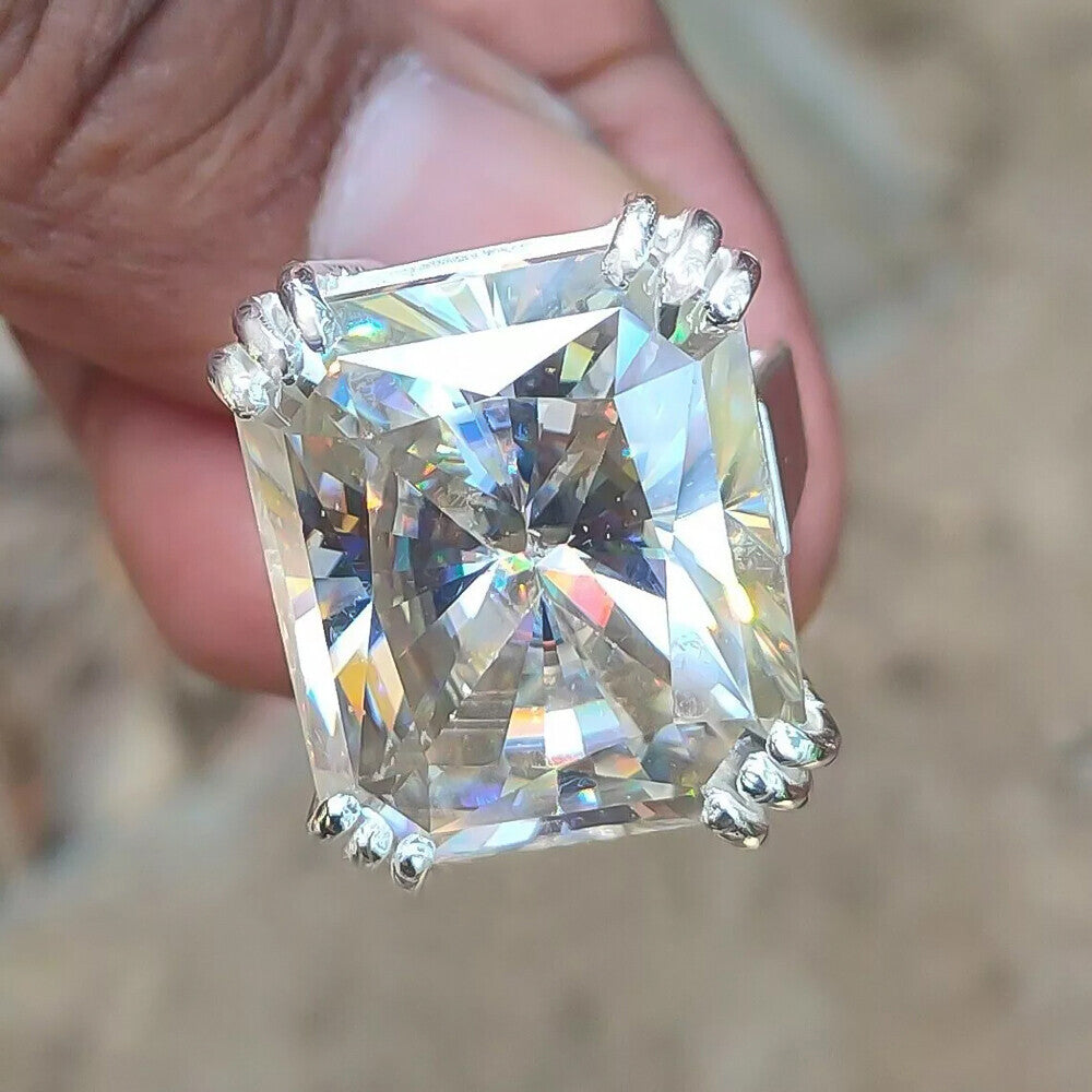 RARE 22.70 Ct Radiant Cut Off White Treated Moissanite Ring in 18K Gold Plated Verm 18K Gold Plated