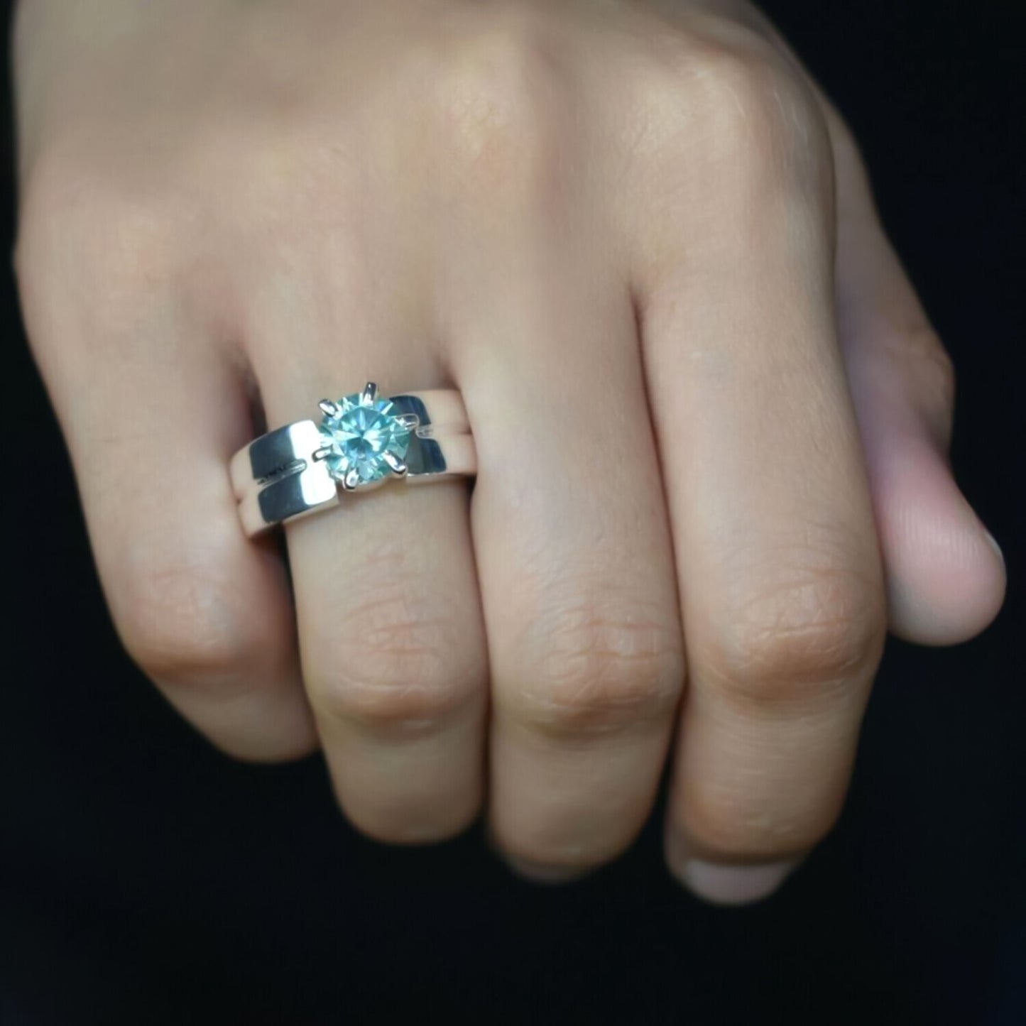 1.50 Ct Blue Moissanite Solitaire Ring in Certified Gem 18K Gold Plated