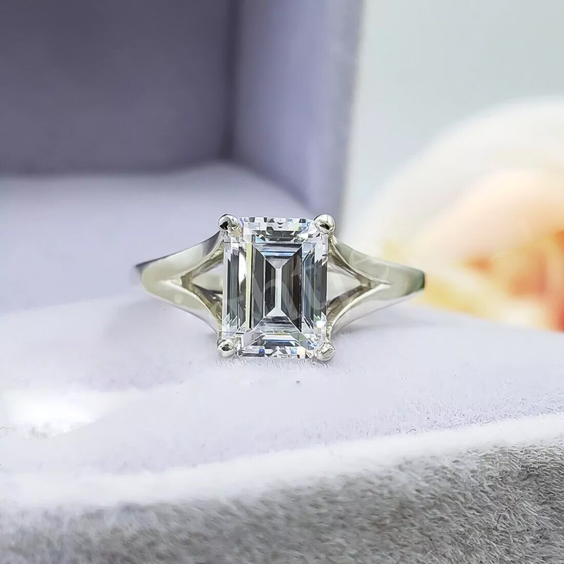 2.90 Ct Certified Emerald Cut Solitaire White Moissanite Ring 18K Gold Plated Verme 18K Gold Plated