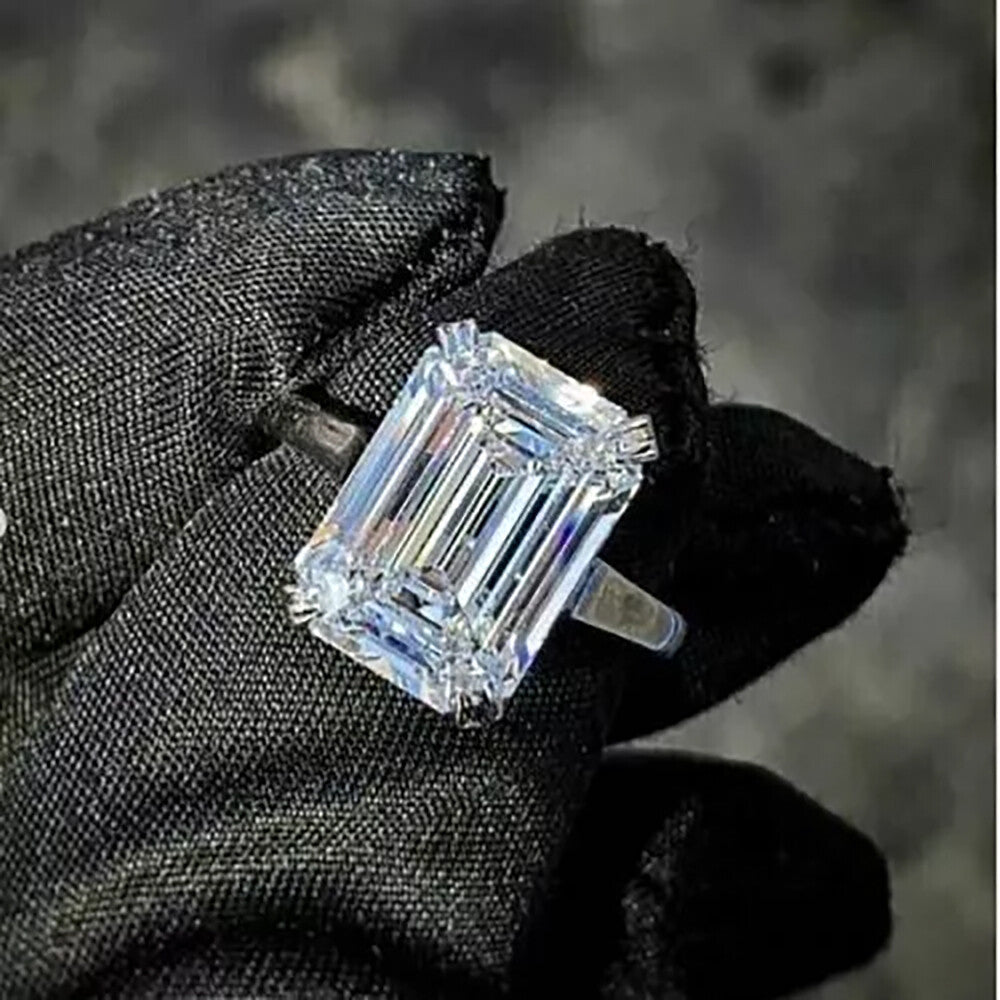 10.4 Ct White Moissanite Emerald Solitaire Ring - 925 Sterling Silver Gold Vermeil