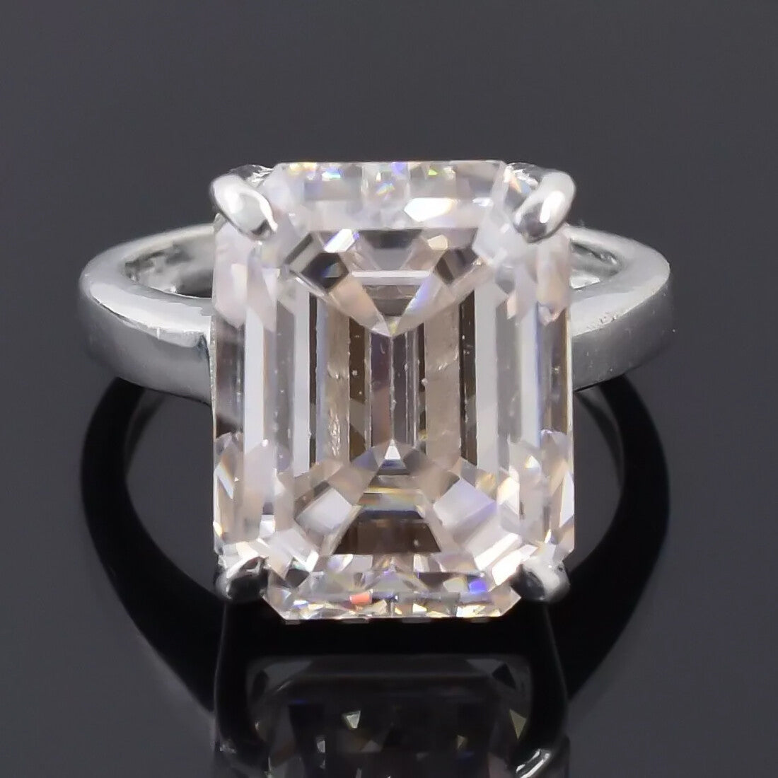 27.50 Ct Certified Emerald Cut White Moissanite Solitaire Ring in Gold Vermeil - GEMHUB & CO.