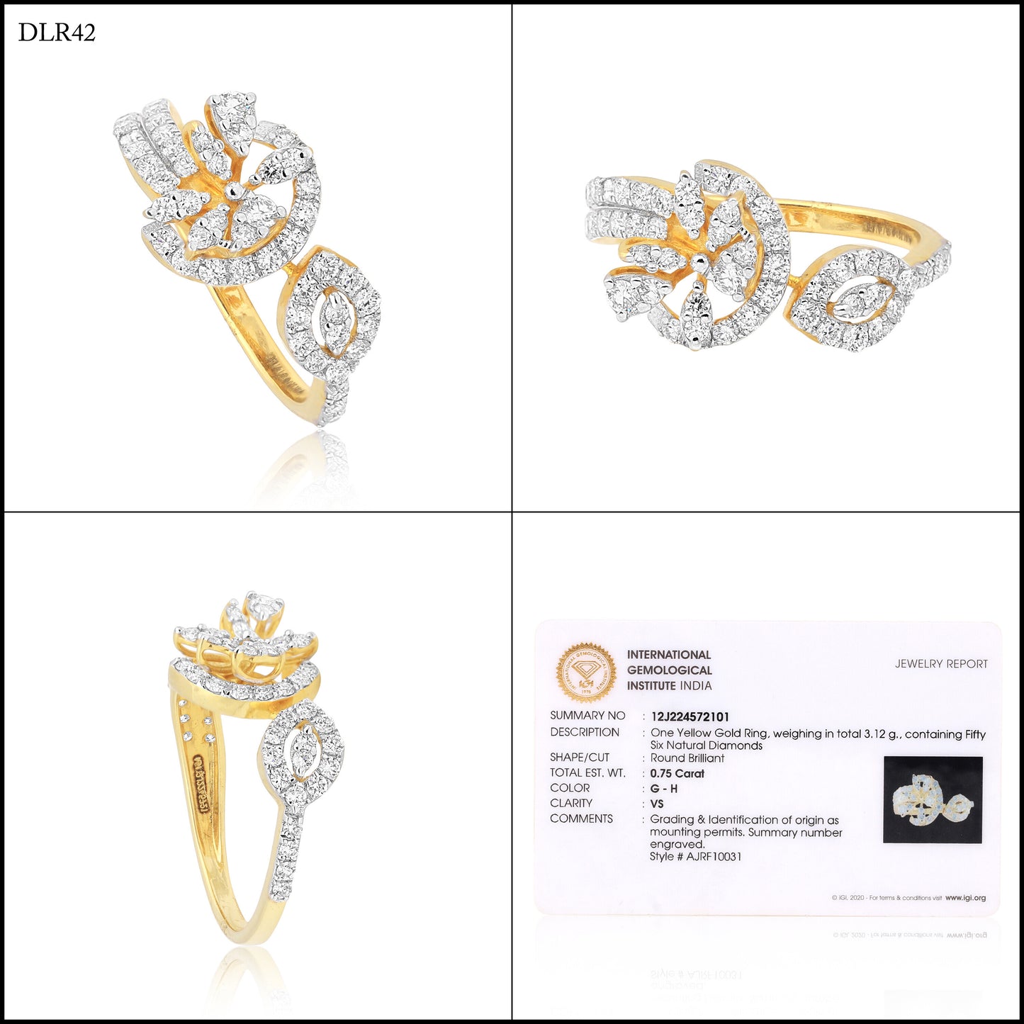 0.75 Ct IGI Certified 18k Yellow Gold Diamond Ring - Elegant Leaf Cluster Design - view 8