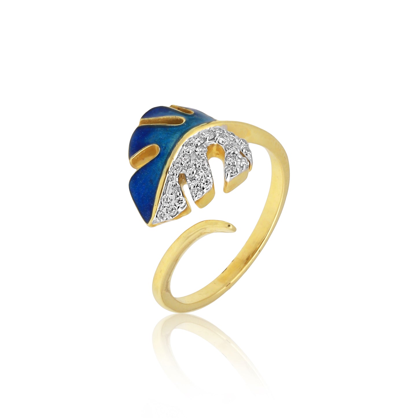 0.22 Ct. IGI Certified 18K Yellow Gold Blue Enamel Diamond Monstera Leaf Ring - view 5