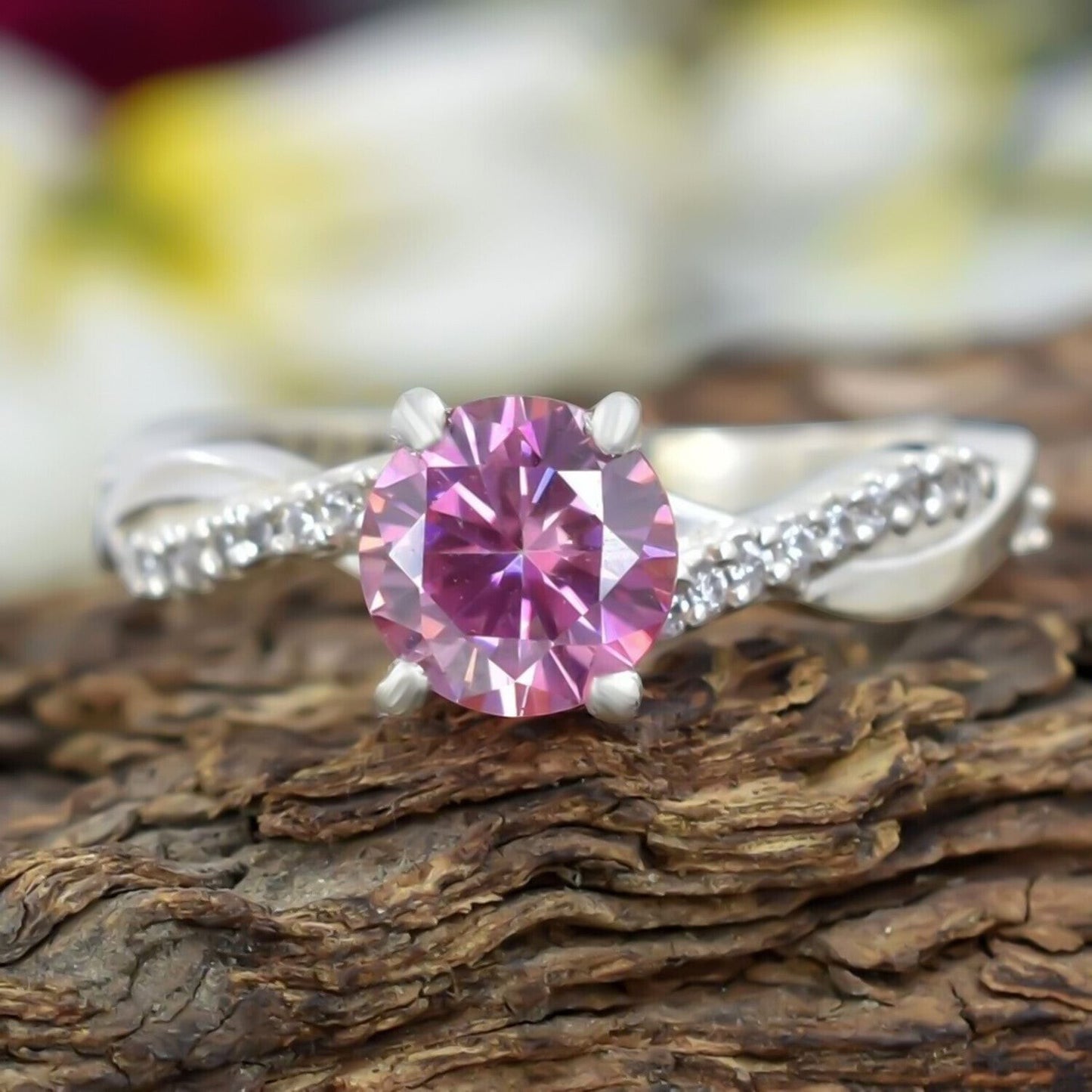Certified 1.25ct Natural Round VVS1 Pink Moissanite Solitaire Ring in 18K Gold Plat 18K Gold Plated