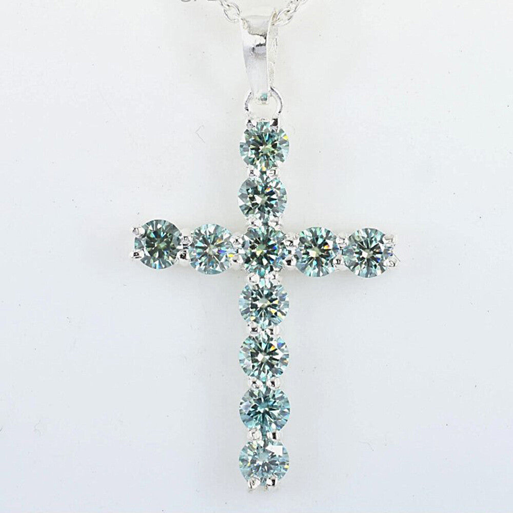 3.00 Ct Certified Round Cut Blue Moissanite Cross Vermeil 925 Silver Pendant - GEMHUB & CO.