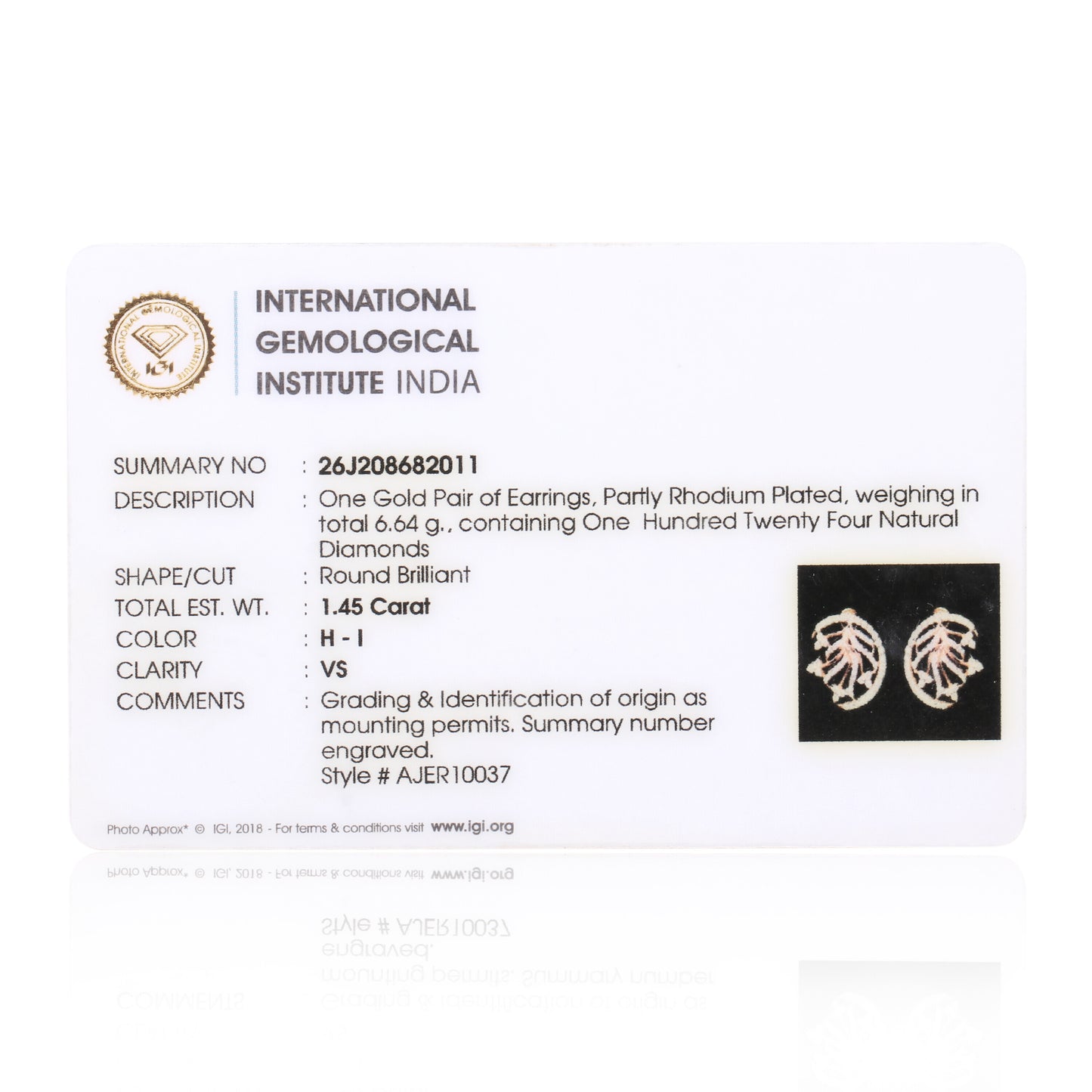 1.45 Ct Natural Diamond Stud Earrings IGI Certified H-I VS Round Brilliant Tops