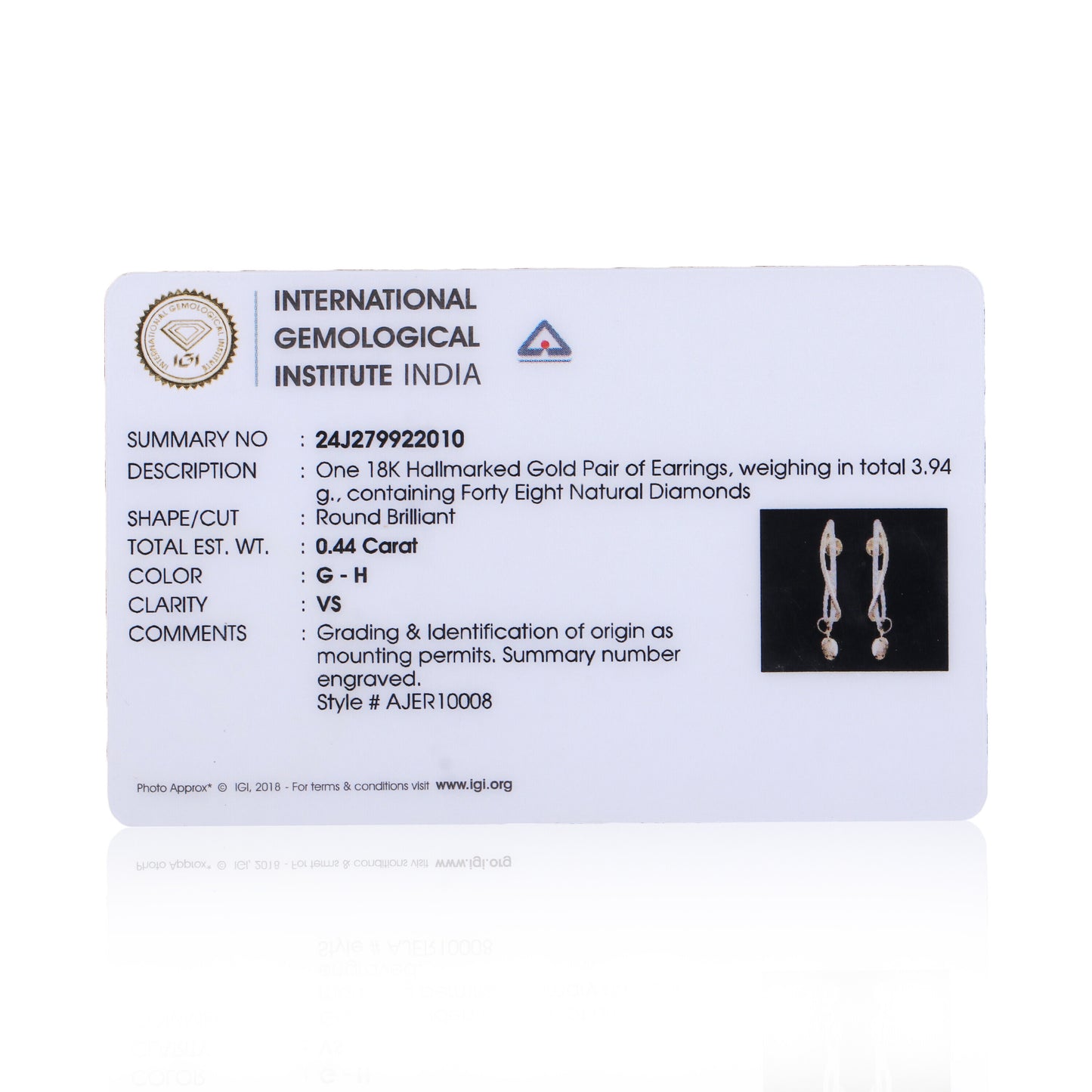 Premium 0.44 Ct Natural Diamond Stud Earrings IGI Certified G-H VS 18K Gold