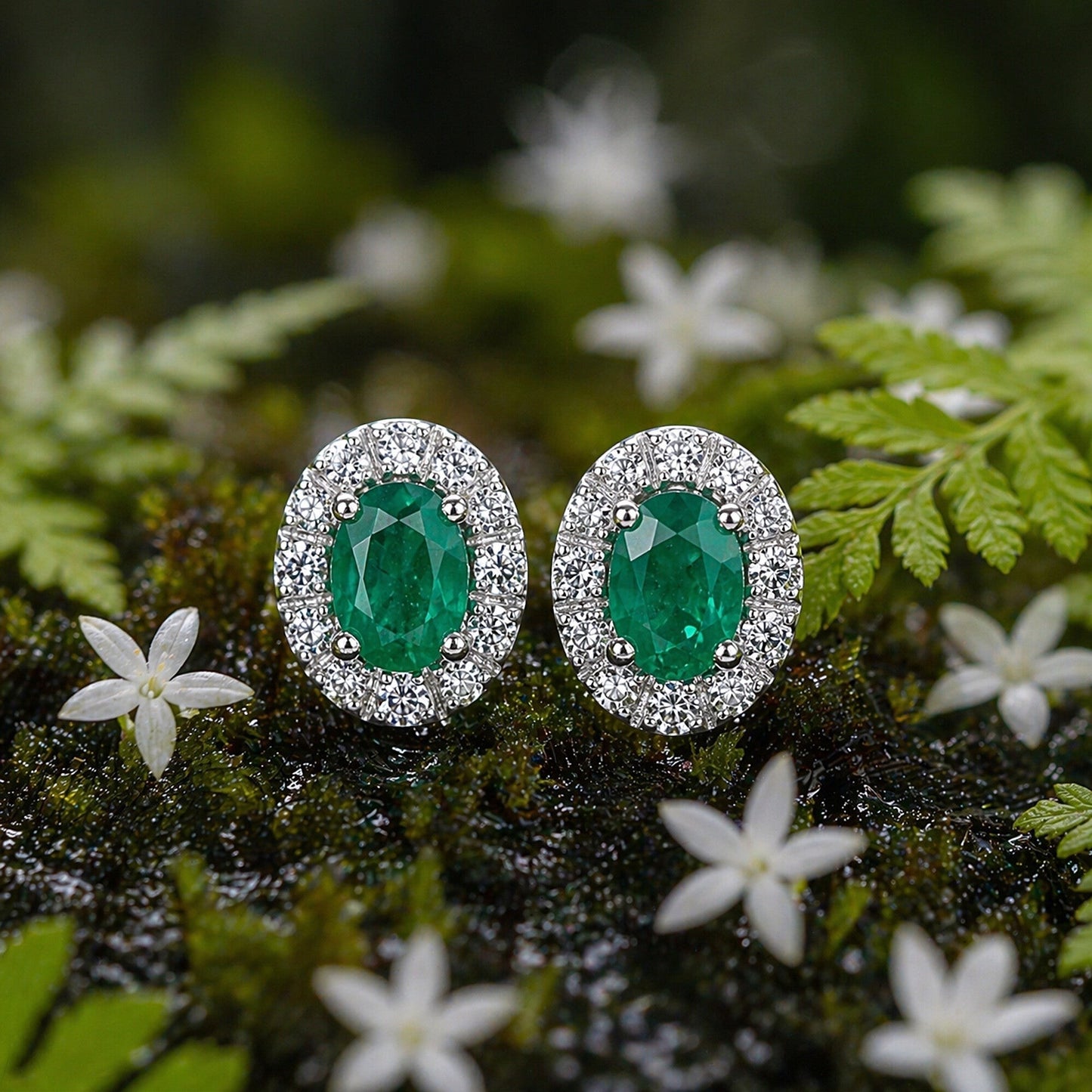 Side angle of green emerald earring with sterling silver four-prong mounting