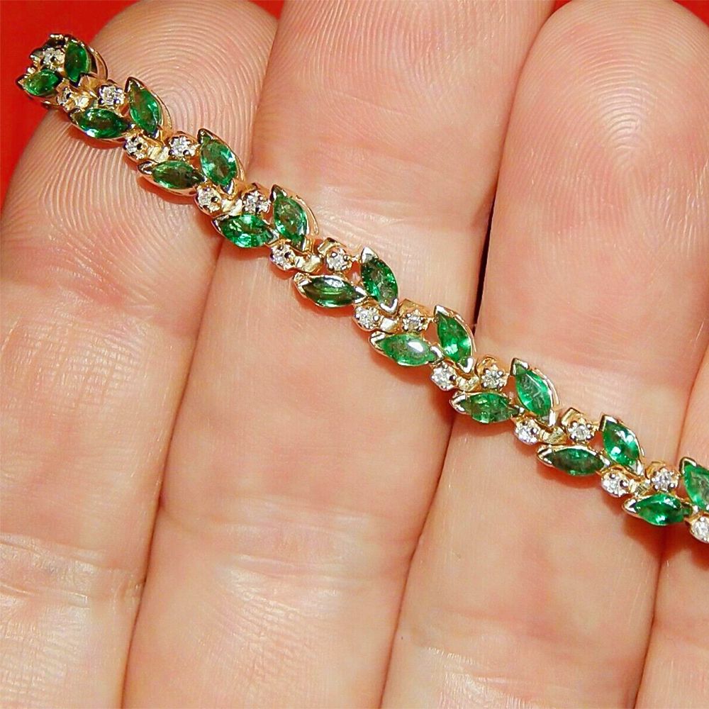 Marquise Cut Natural Emerald & Diamond Flower Tennis Bracelet 14k Yellow Gold - GEMHUB & CO.