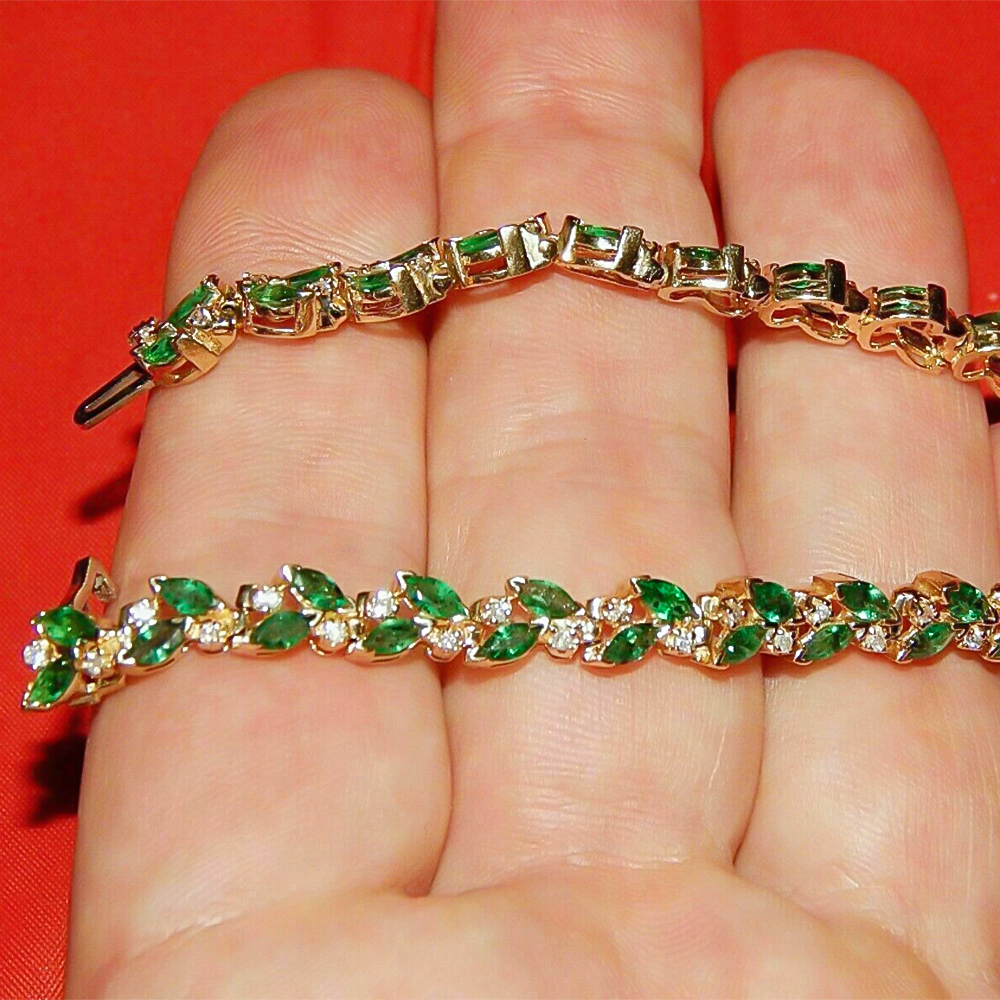 Marquise Cut Natural Emerald & Diamond Flower Tennis Bracelet 14k Yellow Gold - Image 3 - GEMHUB & CO.