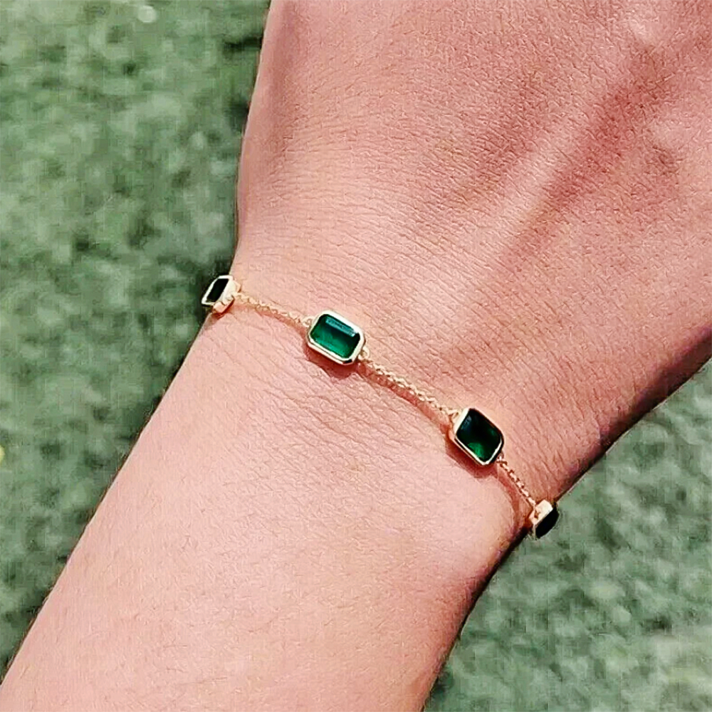 5Ct Certified Natural Green Emerald Bezel Set Tennis Chain Bracelet in 14k Gold - GEMHUB & CO.