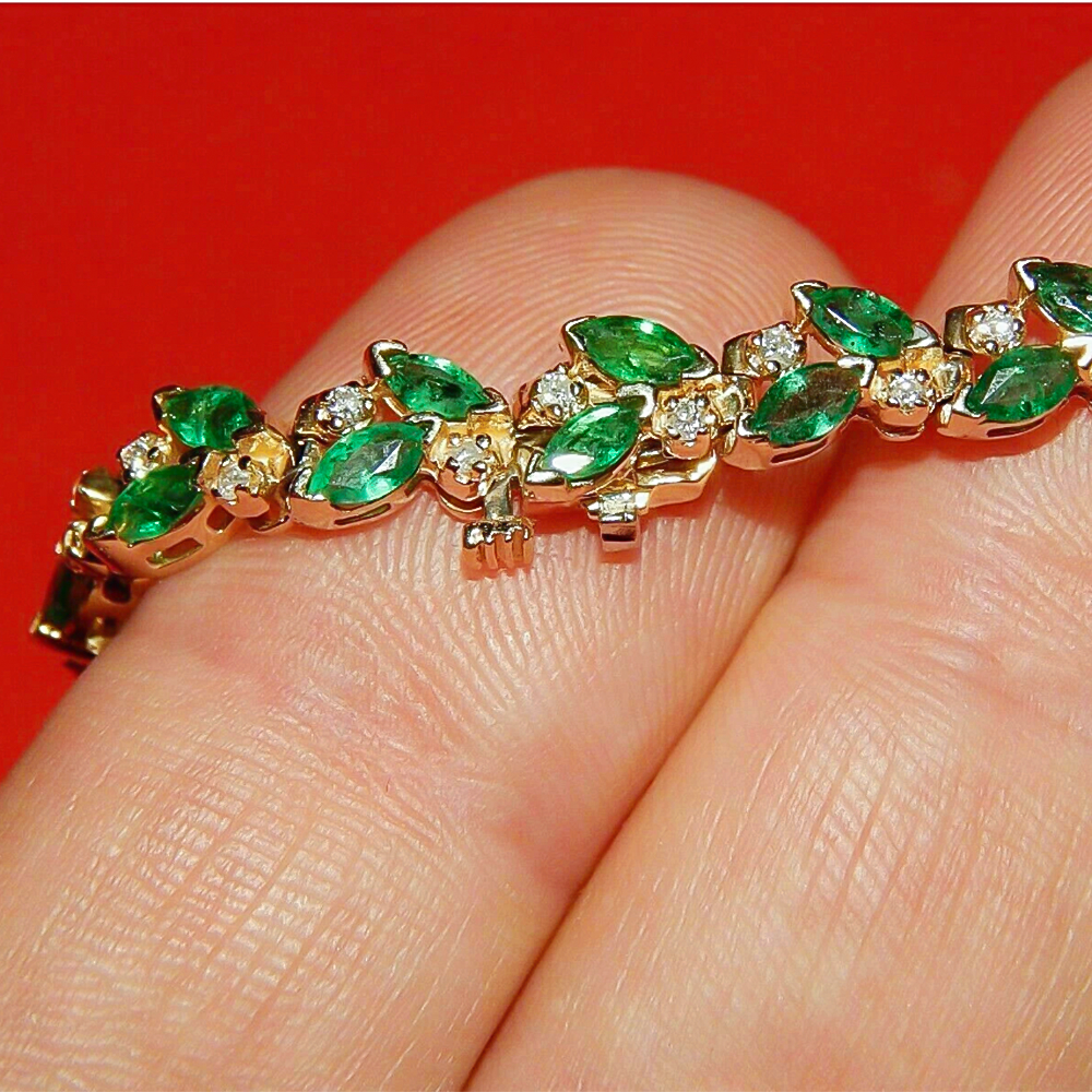 Marquise Cut Natural Emerald & Diamond Flower Tennis Bracelet 14k Yellow Gold - Image 4 - GEMHUB & CO.