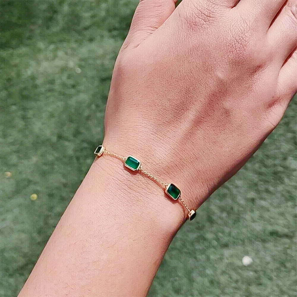 5Ct Certified Natural Green Emerald Bezel Set Tennis Chain Bracelet in 14k Gold - Image 4 - GEMHUB & CO.