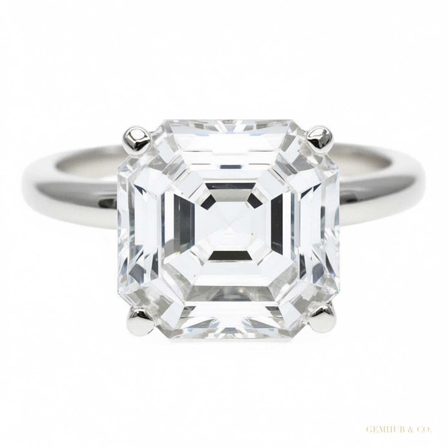 Certified 3.60 ct DEW Assher Cut White Moissanite Solitaire Statement Ring 18K Gold Pla 18K Gold Plated – white background main image