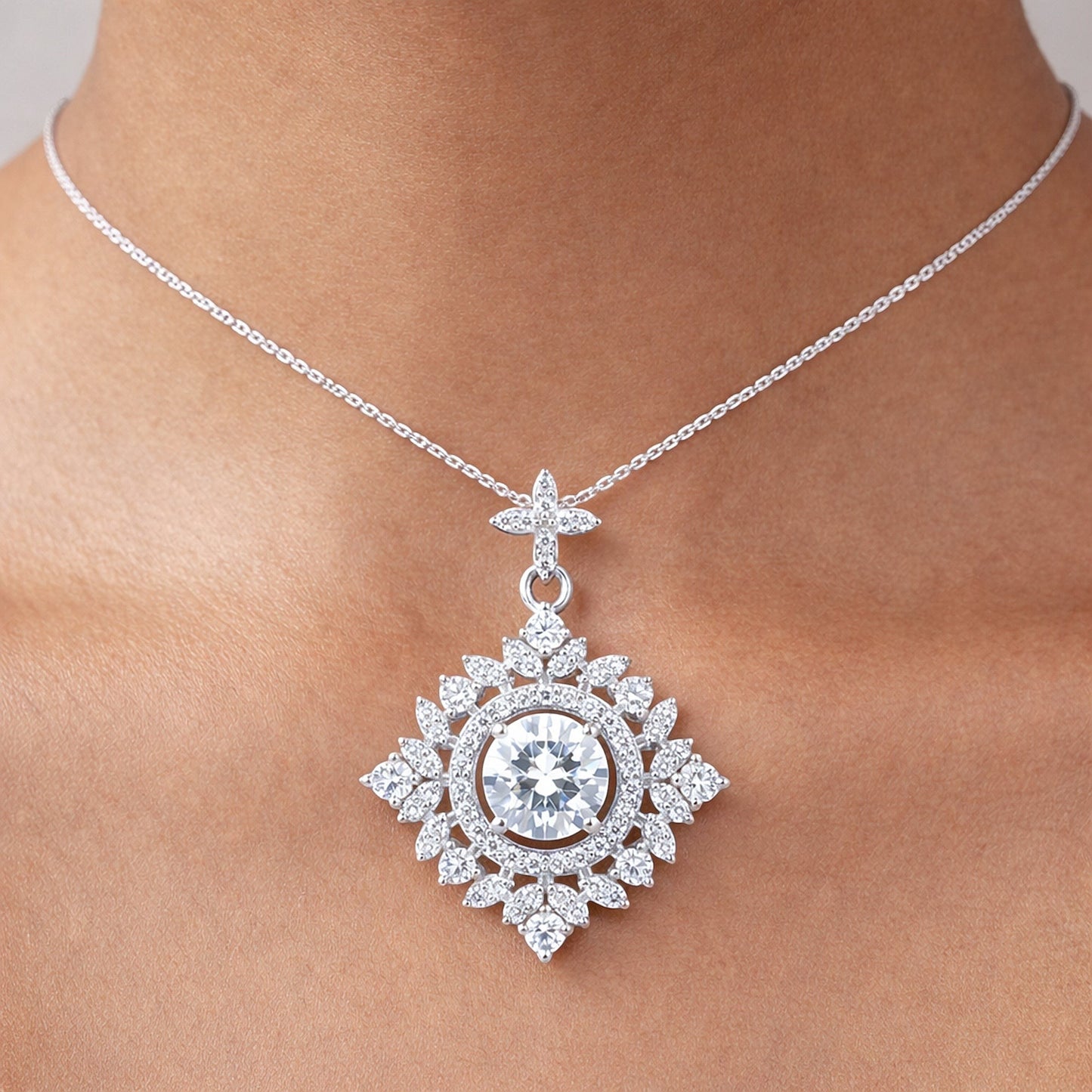 GEMHUB & CO. 5 Ct round cut lab grown diamond pendant in 18k gold vermeil with VS1 clarity. Intricate floral design.