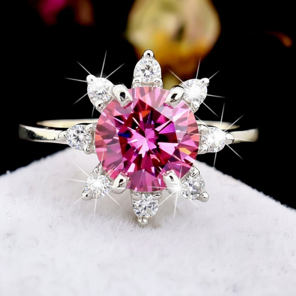 GEMHUB & CO. 2.5ct round pink moissanite solitaire ring with accent stones, 18K gold plated vermeil over sterling silver.
