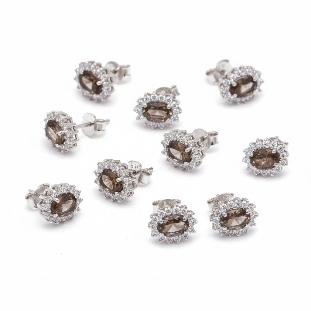 GEMHUB & CO. 5 pairs of oval smoky topaz and white diamond halo stud earrings in 925 sterling silver.