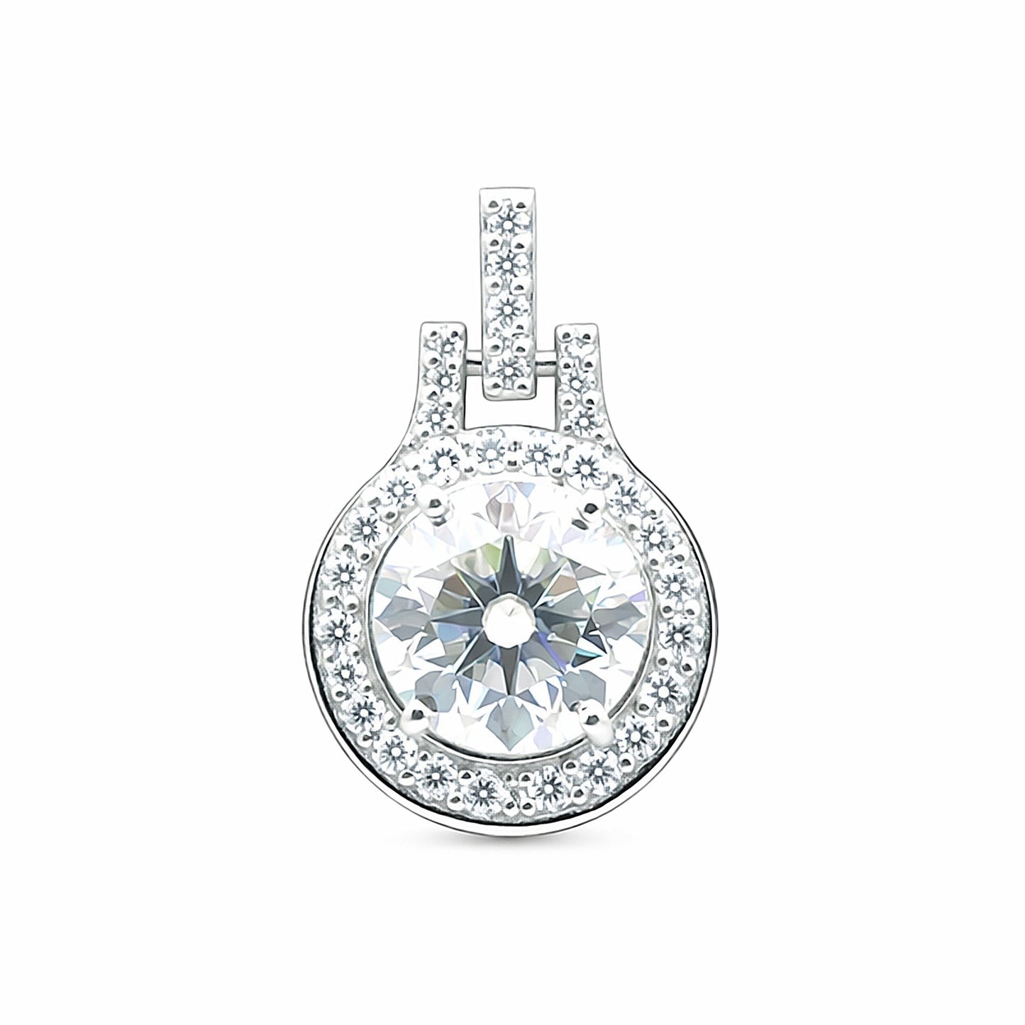 GEMHUB & CO. 2.50 Ct round cut lab-grown diamond pendant with VS1 clarity, set in 18k gold vermeil with a halo of smaller diamonds.