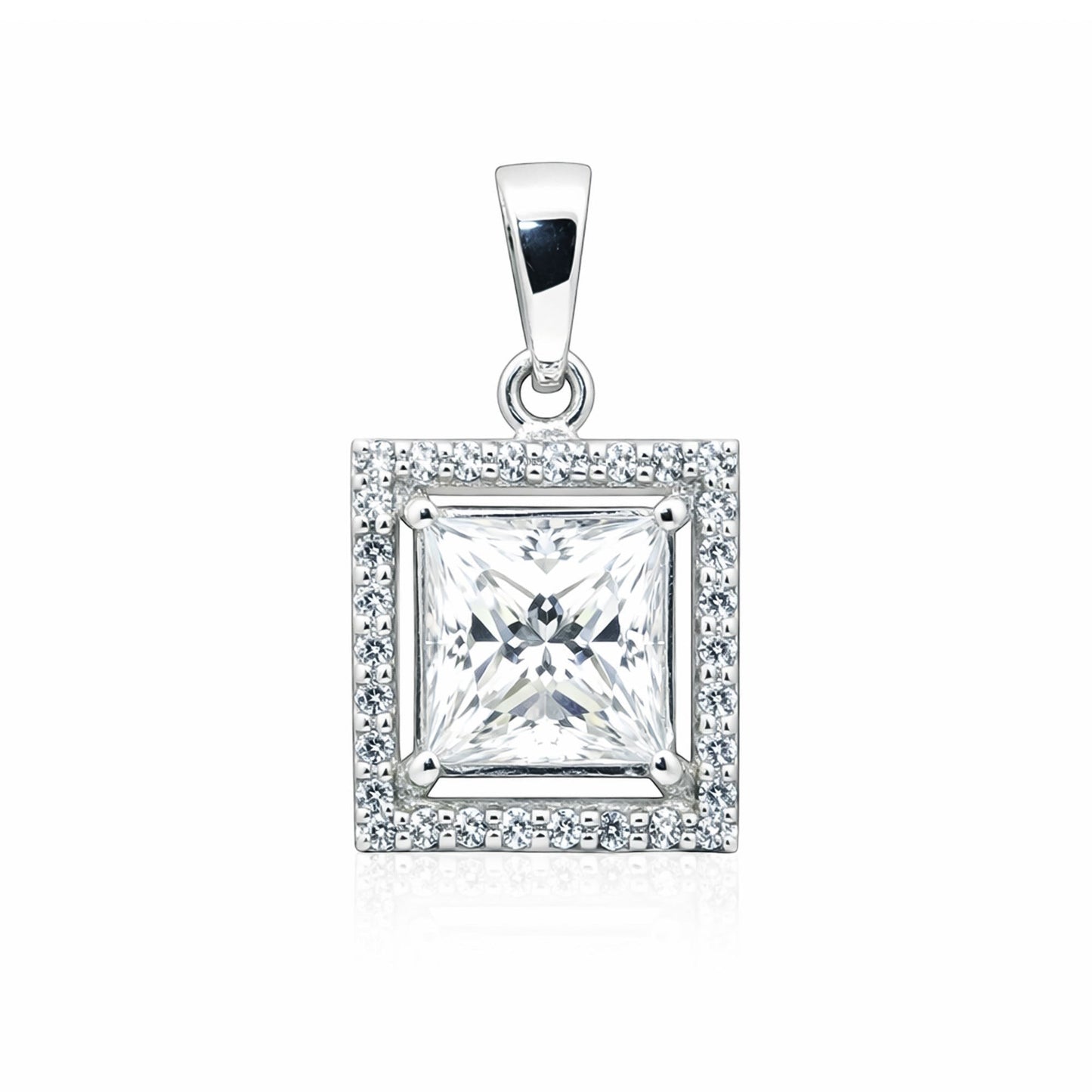 GEMHUB & CO. 2 Ct princess cut lab-grown diamond pendant in 18k gold vermeil with VS1 clarity, surrounded by a halo of smaller diamonds.
