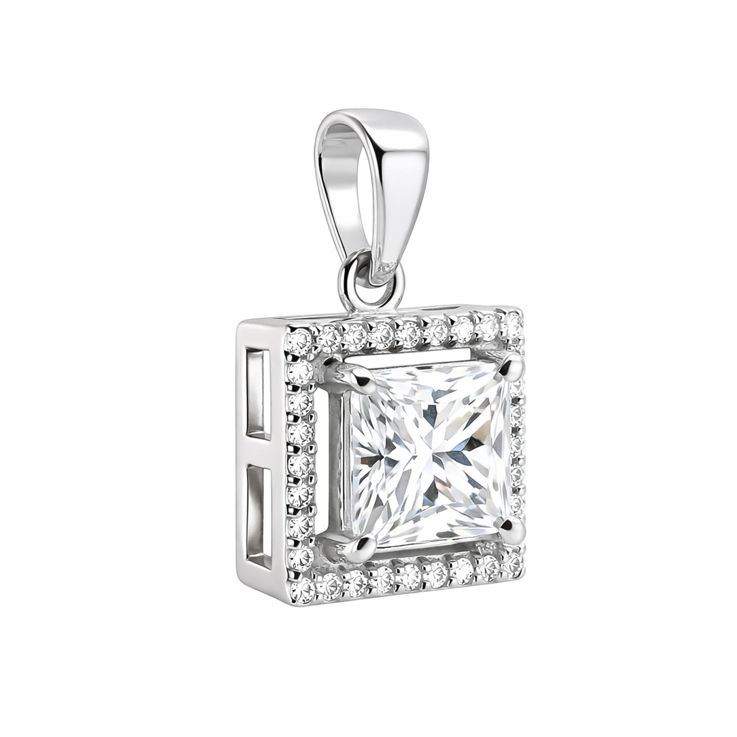 GEMHUB & CO. 2 Ct princess cut lab-grown diamond pendant in 18k gold vermeil with VS1 clarity, surrounded by a halo of smaller diamonds.