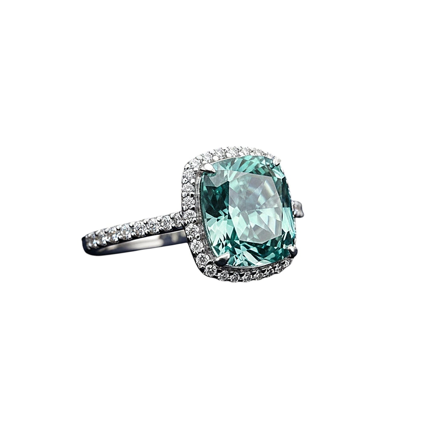GEMHUB & CO. 5.00 Ct cushion cut blue lab grown diamond ring with VS1 clarity, set in 18k gold vermeil with a halo of small diamonds.