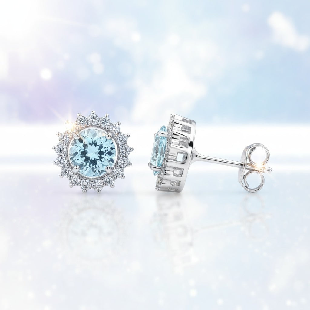 GEMHUB & CO. 10 Ct aqua sky aquamarine round cut halo stud earrings in 925 sterling silver.